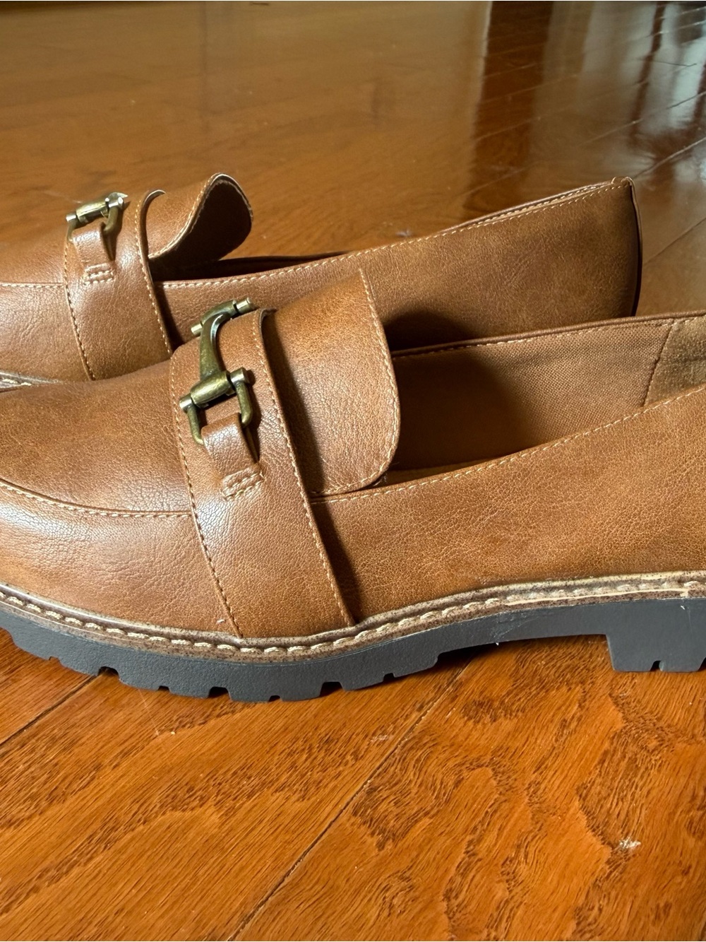 Brown Leather Lug Sole Loafers with Buckle Accent